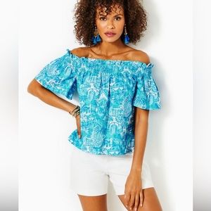 NWOT Lilly Pulitzer Leanne Off-the-Shoulder Top Almalfi Blue Sunny State of Mind
